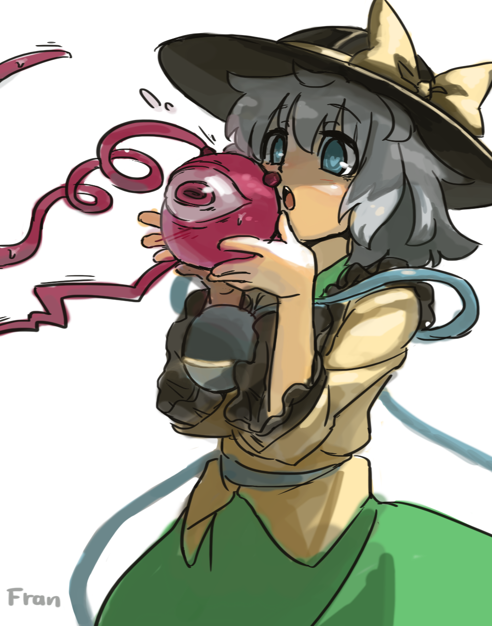 1girl, :o, blue_eyes, blush, bow, eyeball, flying_sweatdrops, fran_(tukihashi)