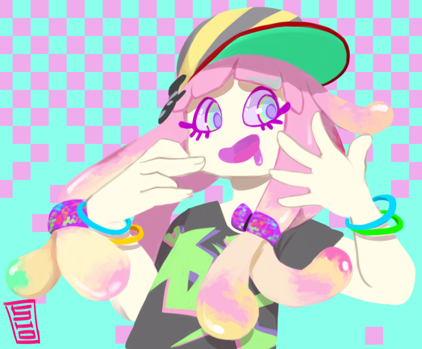 1girl, :d, baseball_cap, blue_eyes, bracelet, drooling, eyelashes, fish_hair_ornament