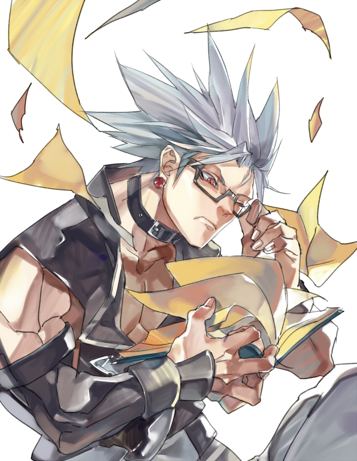 1boy, bespectacled, book, chipp_zanuff, collar, earrings, fingerless_gloves, glasses