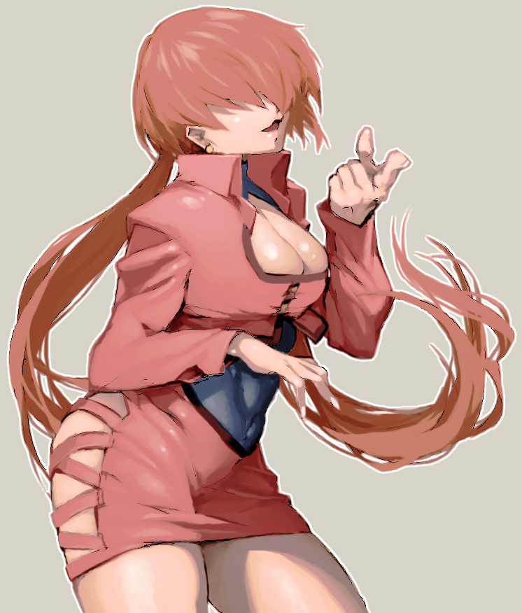 1girl, breasts, brown_hair, cleavage, cleavage_cutout, cowboy_shot, cropped_jacket, earrings