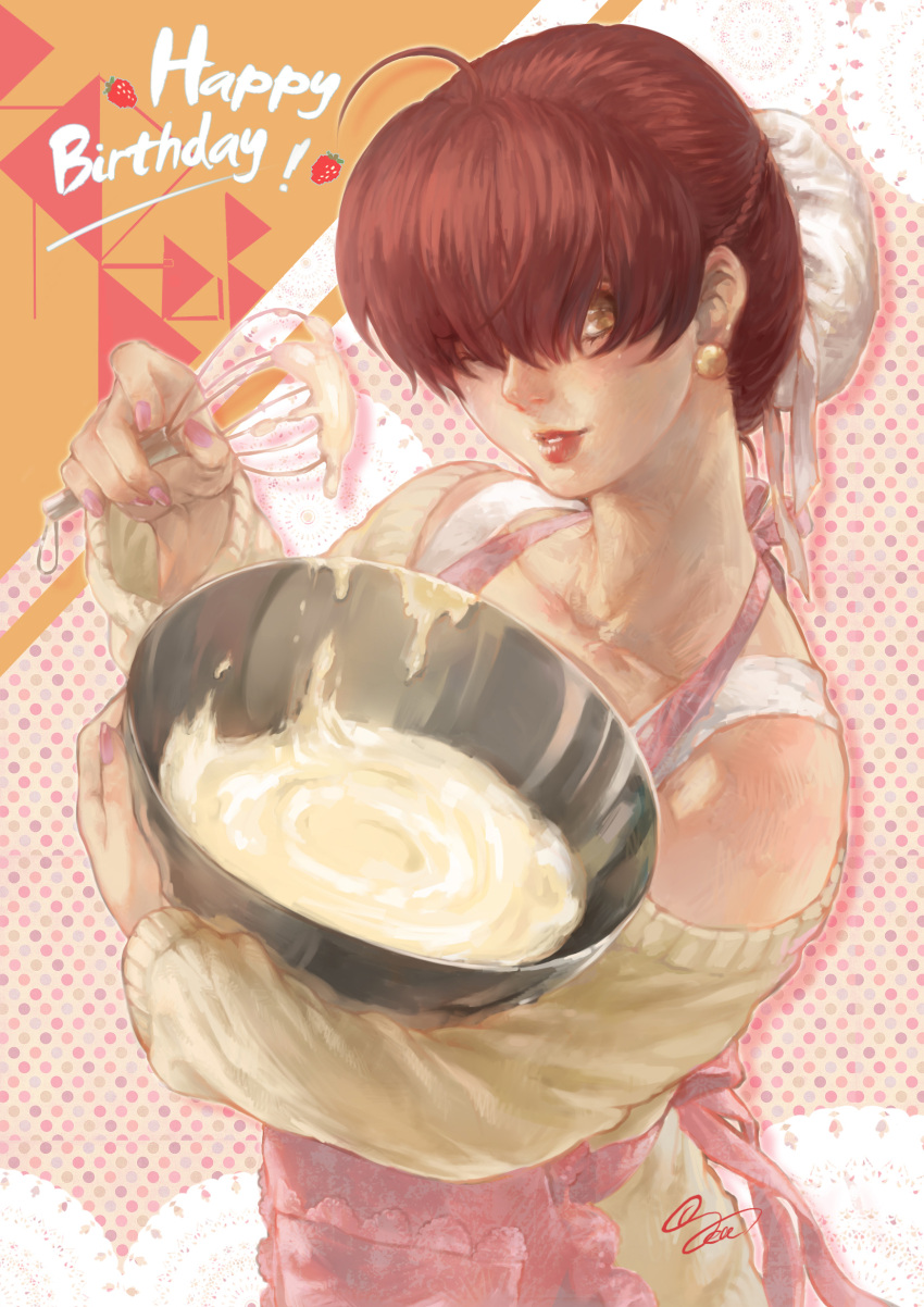 1girl, ;), ahoge, alternate_hair_length, alternate_hairstyle, apron, baking, bare_shoulders