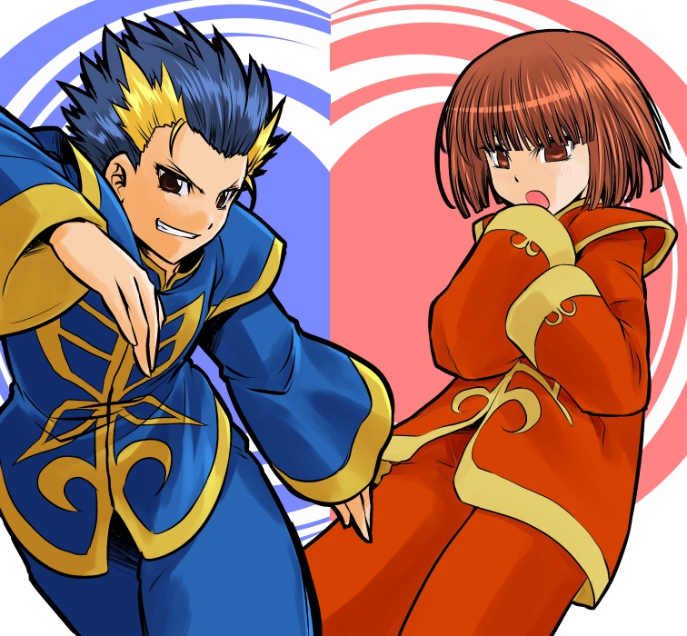 2boys, bangs, black_hair, blonde_hair, bowl_cut, brothers, brown_eyes, brown_hair, chinese_clothes, fatal_fury, grin, jin_chonrei, jin_chonshu, kagehi_no_loo, multicolored_hair, multiple_boys, neo_geo_battle_coliseum, short_hair, siblings, smile, spiky_hair, two-tone_hair
