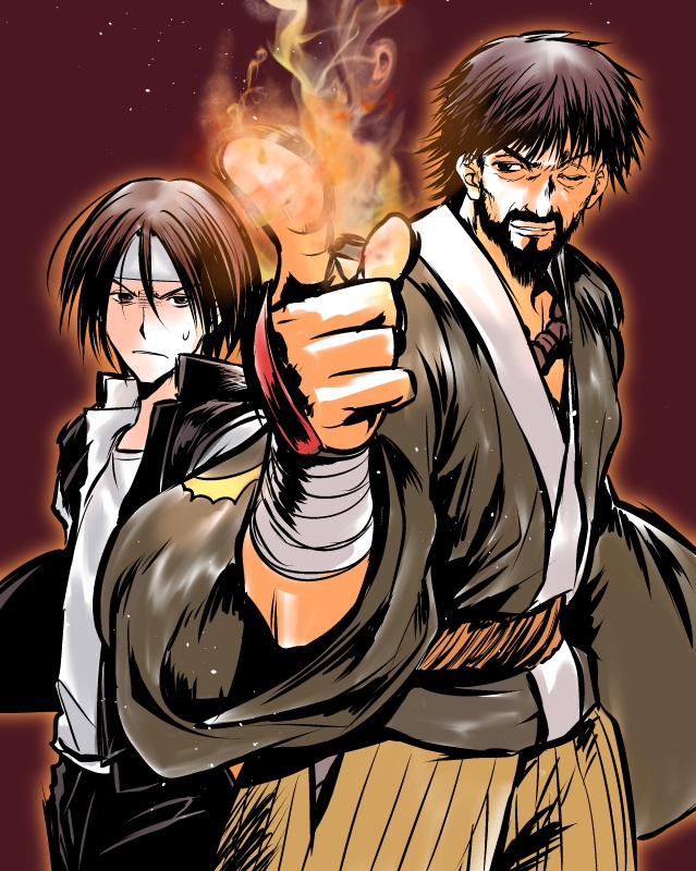 2boys, back-to-back, black_hair, brown_hair, father_and_son, fire, gakuran, hakama, headband, japanese_clothes, kagehi_no_loo, king_of_fighters, kusanagi_kyou, kusanagi_saishu, multiple_boys, school_uniform