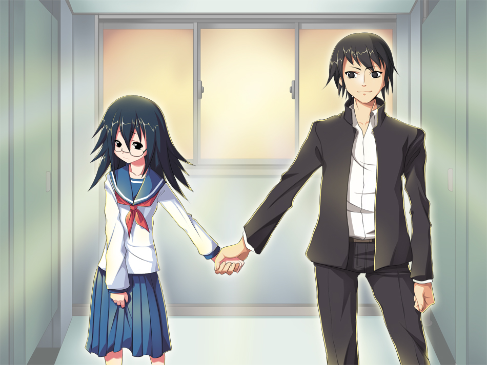 1girl, bad_id, bathroom, black_hair, blue_hair, couple, gakuran, glasses
