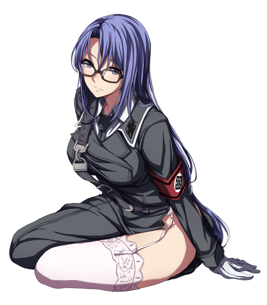 1girl, dies_irae, garter_straps, glasses, gloves, highres, lace, lace-trimmed_thighhighs