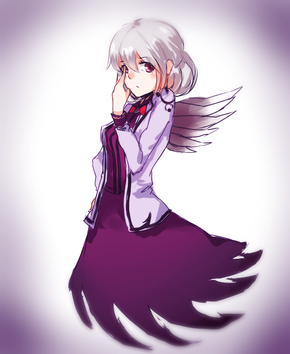 1girl, artist_request, bowtie, dress, hand_in_front_of_face, kishin_sagume, legacy_of_lunatic_kingdom, purple_dress