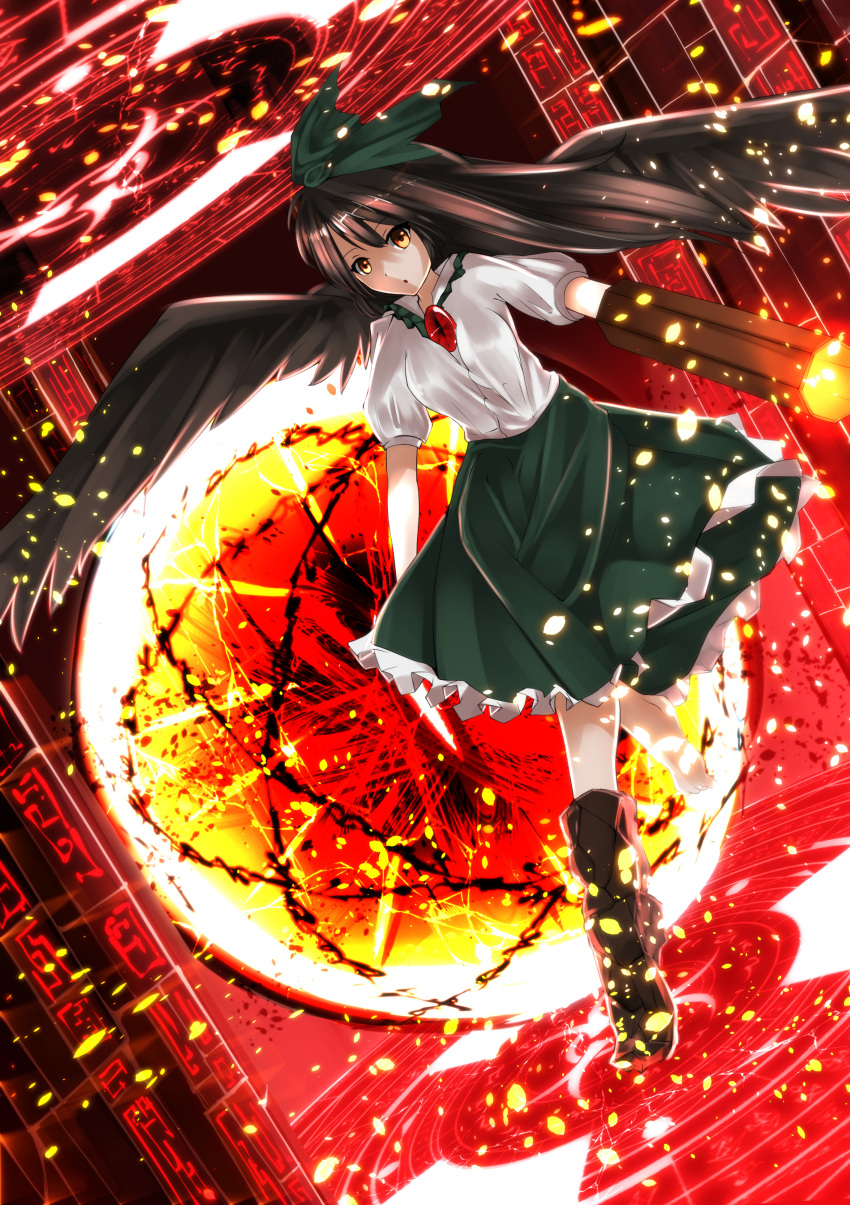 1girl, absurdres, barefoot, black_hair, dress, embers, hachidori_tou, hair_ribbon