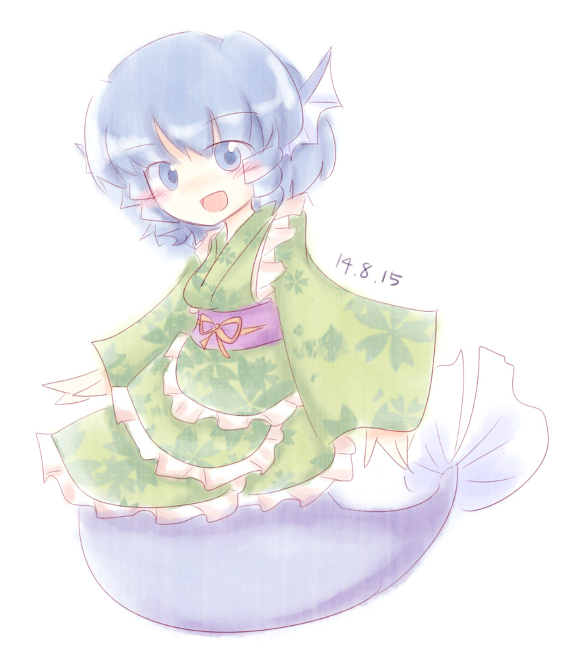 1girl, blue_eyes, blue_hair, blush, dated, head_fins, highres, japanese_clothes
