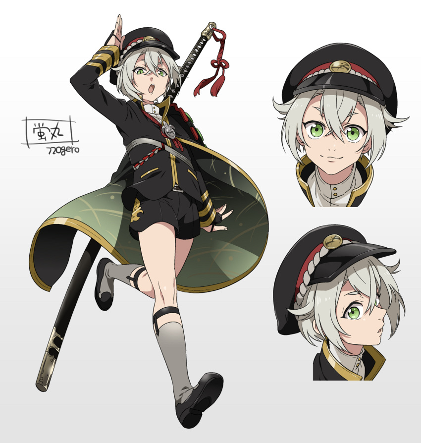 1672, 1boy, cape, garters, green_eyes, grey_legwear, hat, highres