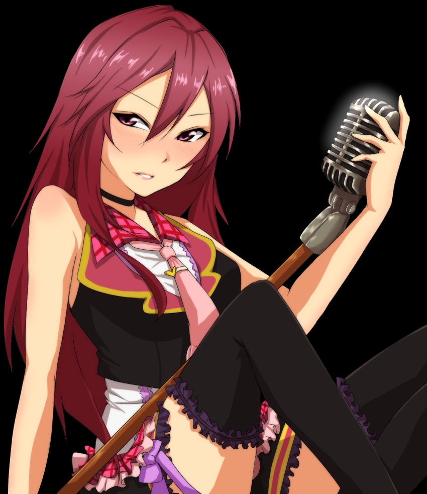 1girl, black_background, blush, highres, long_hair, love_live!_school_idol_festival, microphone, microphone_stand, midou_yuuri, necktie, pink_eyes, pink_hair, solo