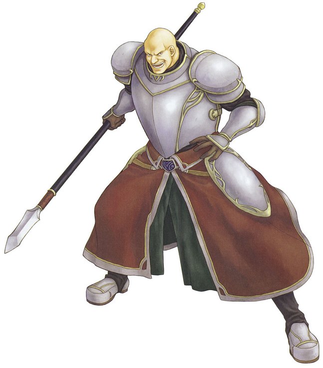1boy, armor, armored_boots, bald, fire_emblem, fire_emblem:_rekka_no_ken, gauntlets, gloves, izuka_daisuke, lance, open_mouth, polearm, simple_background, solo, wallace_(fire_emblem), weapon, white_background