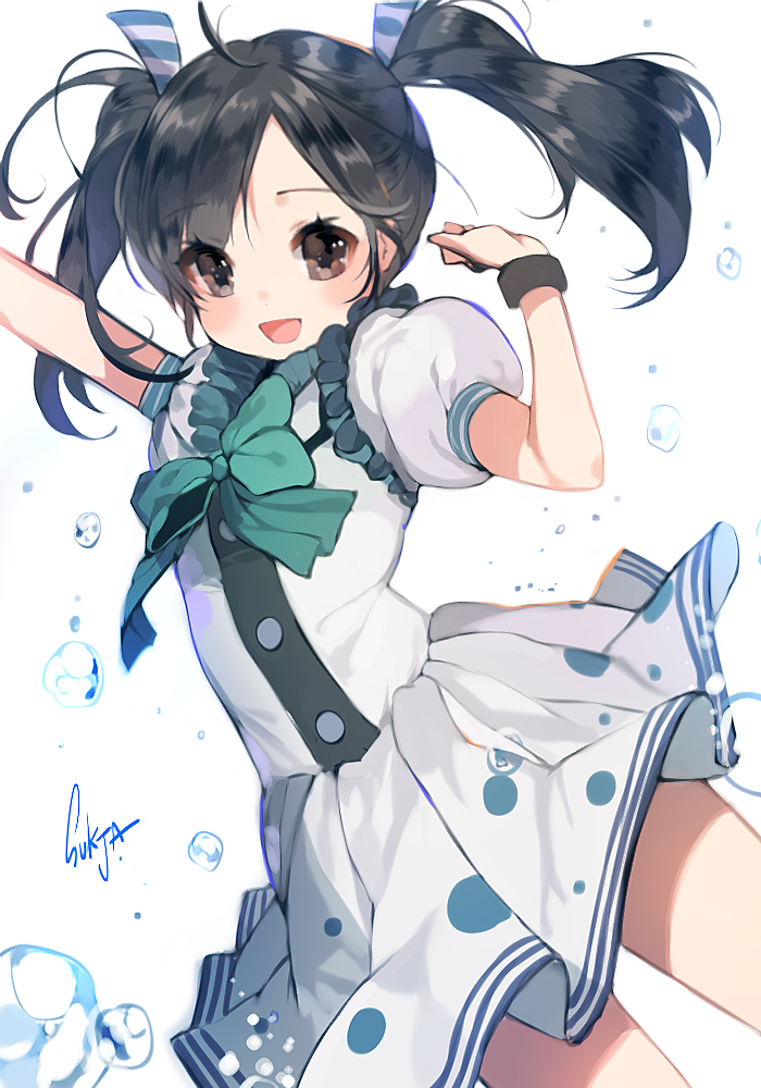 1girl, bangs, black_hair, blush, brown_eyes, cyphers, dress, hair_ribbon