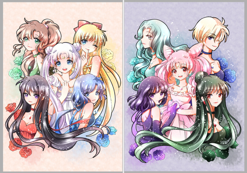6+girls, aino_minako, aqua_hair, bare_shoulders, bishoujo_senshi_sailor_moon, black_hair, blonde_hair, blue_eyes, blue_rose, bow, brown_hair, chibi_usa, choker, double_bun, dress, earrings, elbow_gloves, facial_mark, flower, forehead_mark, gloves, green_eyes, green_rose, hair_bow, hair_bun, hair_ornament, hairpin, hino_rei, holding_hands, jewelry, kaiou_michiru, kino_makoto, latealatea, meiou_setsuna, mizuno_ami, multiple_girls, necklace, pink_dress, pink_hair, ponytail, princess_jupiter, princess_mars, princess_mercury, princess_neptune, princess_pluto, princess_saturn, princess_serenity, princess_uranus, princess_venus, purple_gloves, purple_hair, purple_rose, red_bow, red_eyes, red_rose, rose, short_hair, small_lady_serenity, smile, ten'ou_haruka, tomoe_hotaru, tsukino_usagi, twintails, violet_eyes, wavy_hair, white_hair, yellow_rose