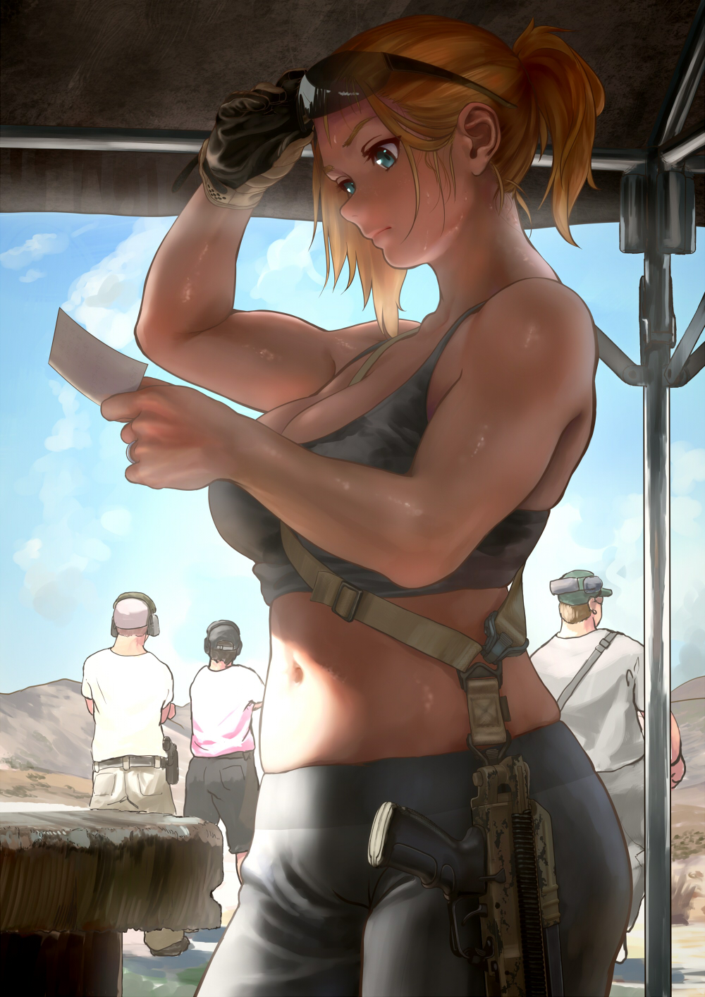 1girl, belly, blonde_hair, blue_eyes, breasts, curvy, genso, gun