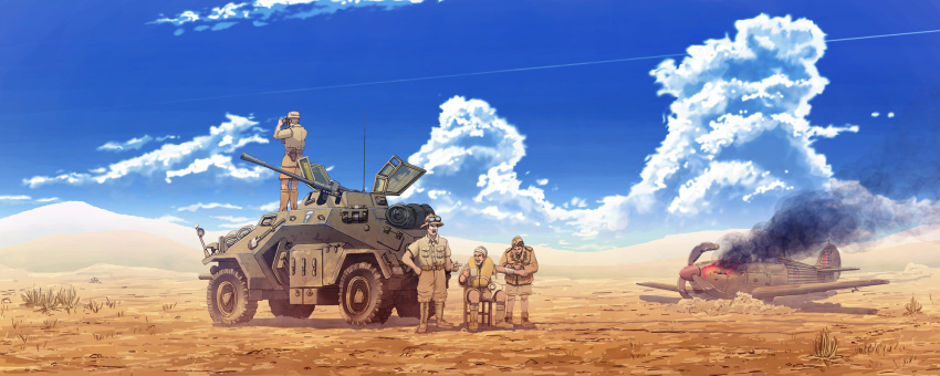 3boys, afrika_korps, aircraft, airplane, armored_vehicle, bandages, binoculars, blue_sky, cannon, clouds, coffee, damaged, desert, earasensha, fire, goggles, gun, hat, highres, iron_cross, machine_gun, military, military_uniform, military_vehicle, multiple_boys, original, sdkfz_222, sky, turret, uniform, vehicle, weapon, world_war_ii