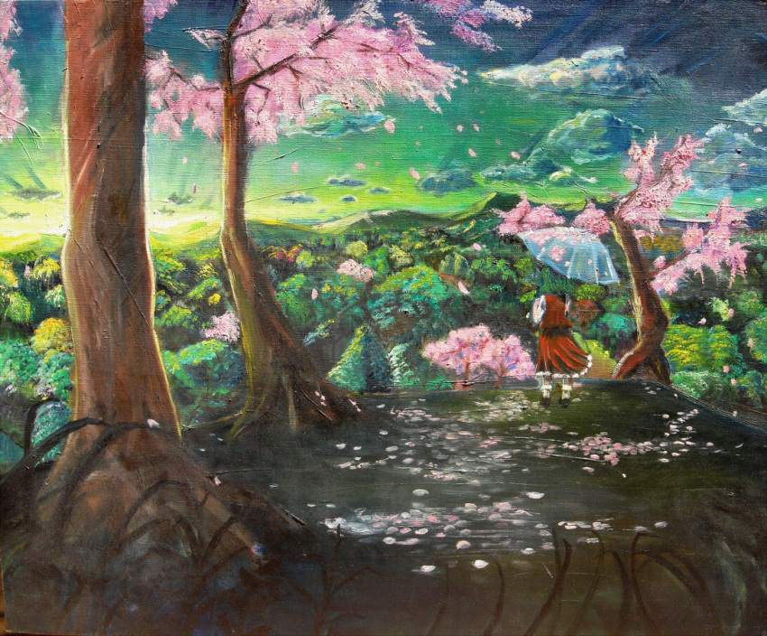 acrylic, forest, from_behind, green_hair, kazami_yuuka, kenshin, kenshinsan, landscape