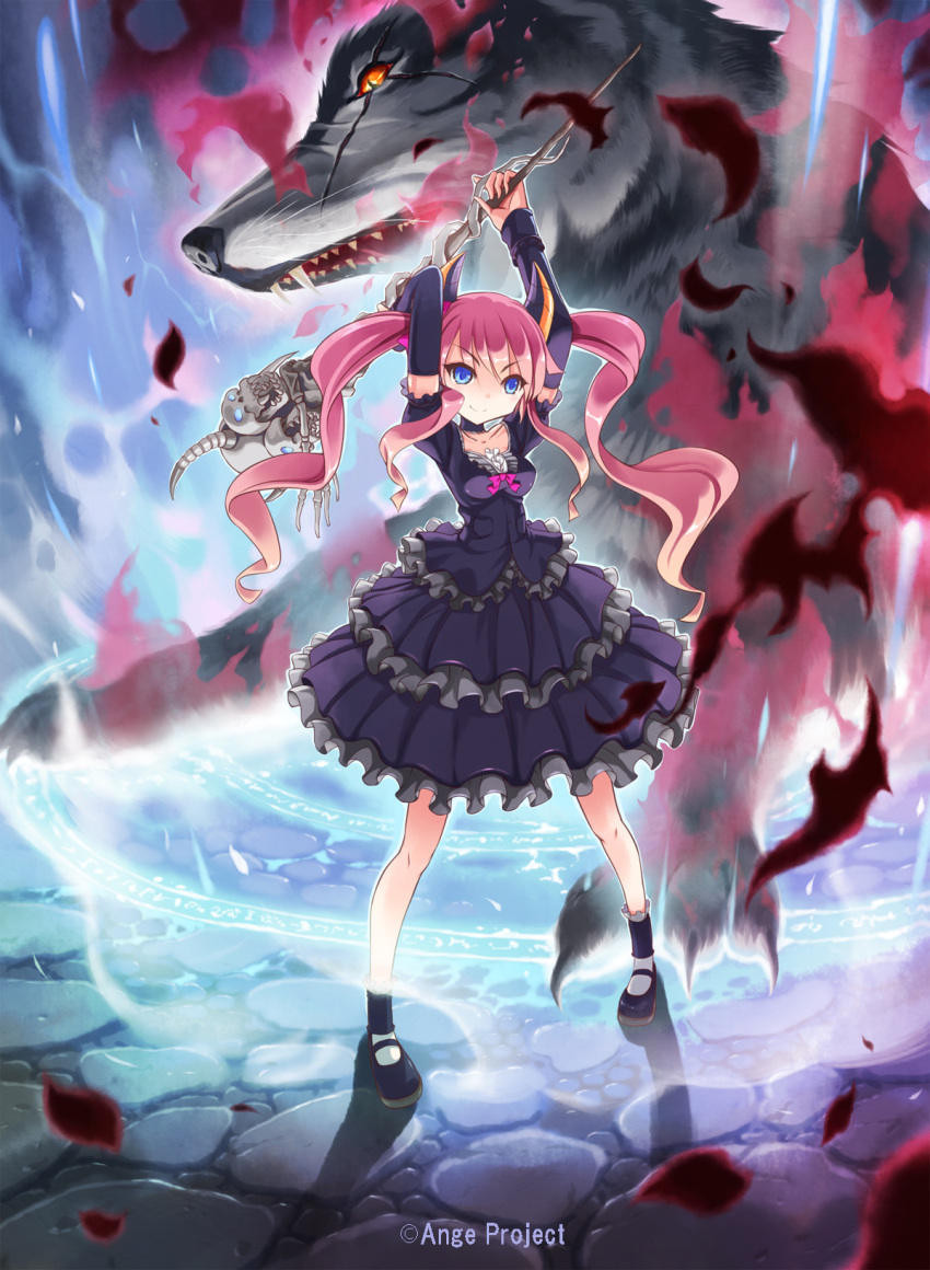 1girl, arms_up, blue_eyes, detached_sleeves, dress, fangs, highres, horns, kankurou, long_hair, magic, magic_circle, mary_janes, monster, original, pink_hair, scar, shoes, skull, smile, staff, summoning, twintails, weapon, wolf