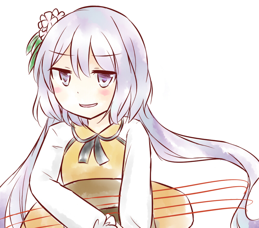 1girl, blush, instrument, looking_at_viewer, lute_(instrument), open_mouth, puchimirin, purple_hair