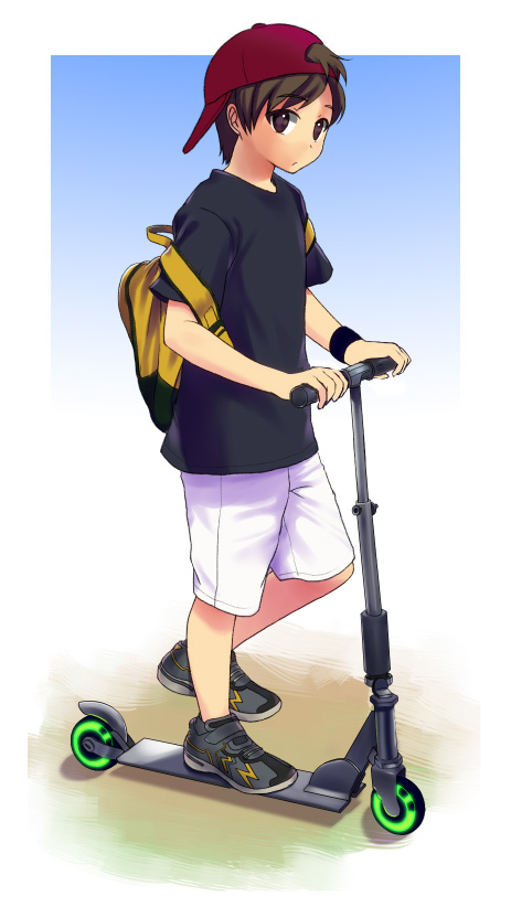 1boy, backpack, backwards_hat, bag, brown_eyes, brown_hair, kick_scooter, nekoya, original, shoes, shorts, sneakers, solo, vehicle