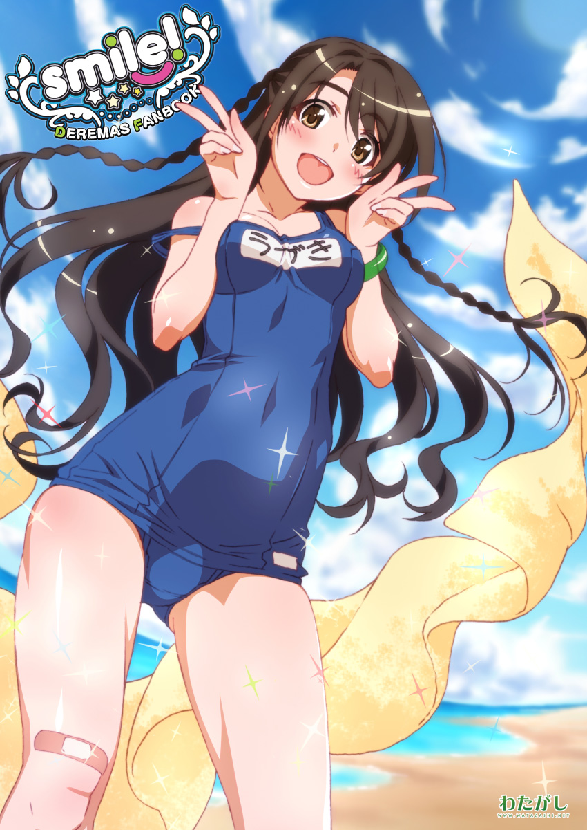 bandaid, braid, brown_eyes, brown_hair, double_v, highres, idolmaster, idolmaster_cinderella_girls