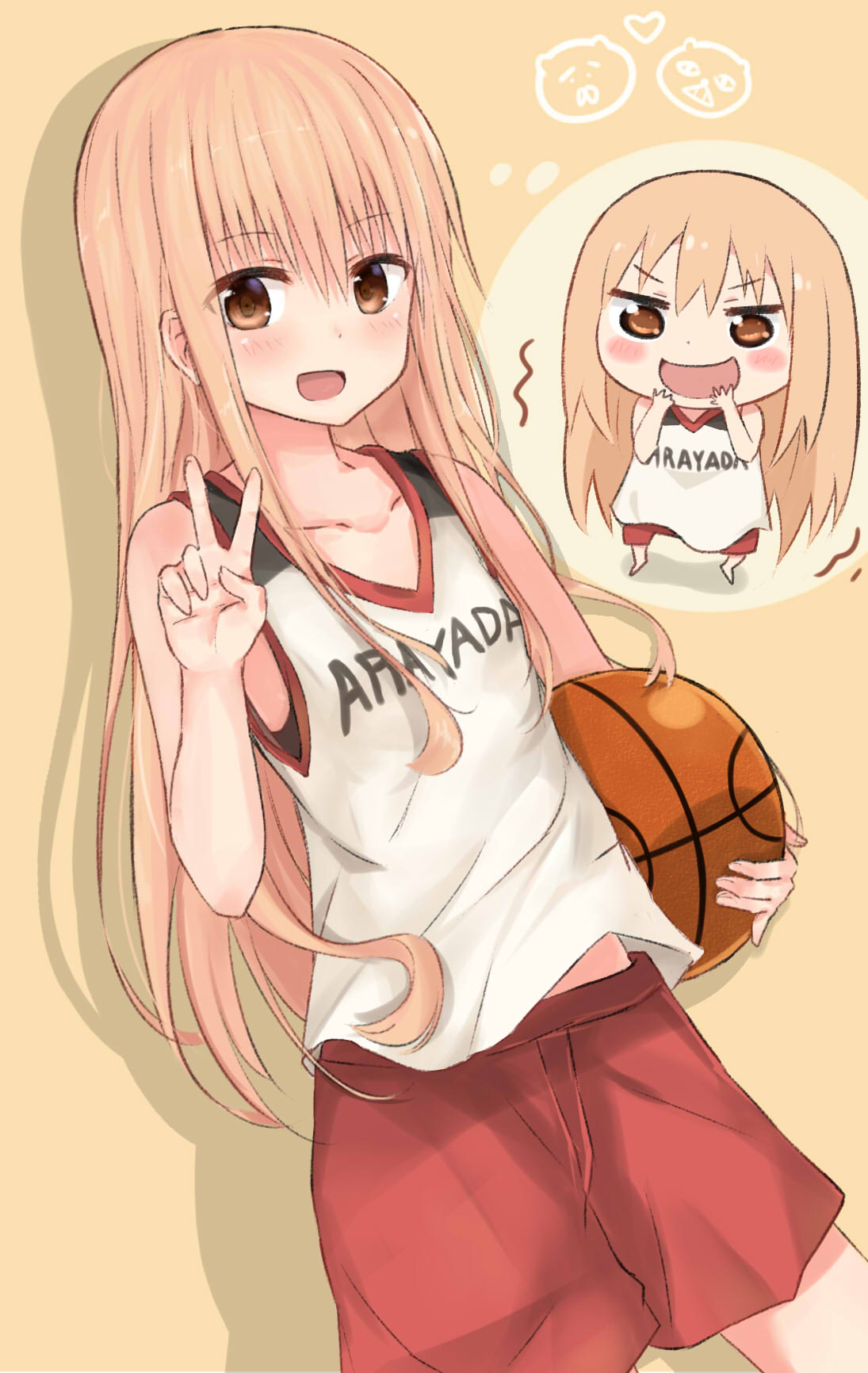 1girl, basketball, basketball_uniform, brown_eyes, brown_hair, chibi, chicking, doma_umaru