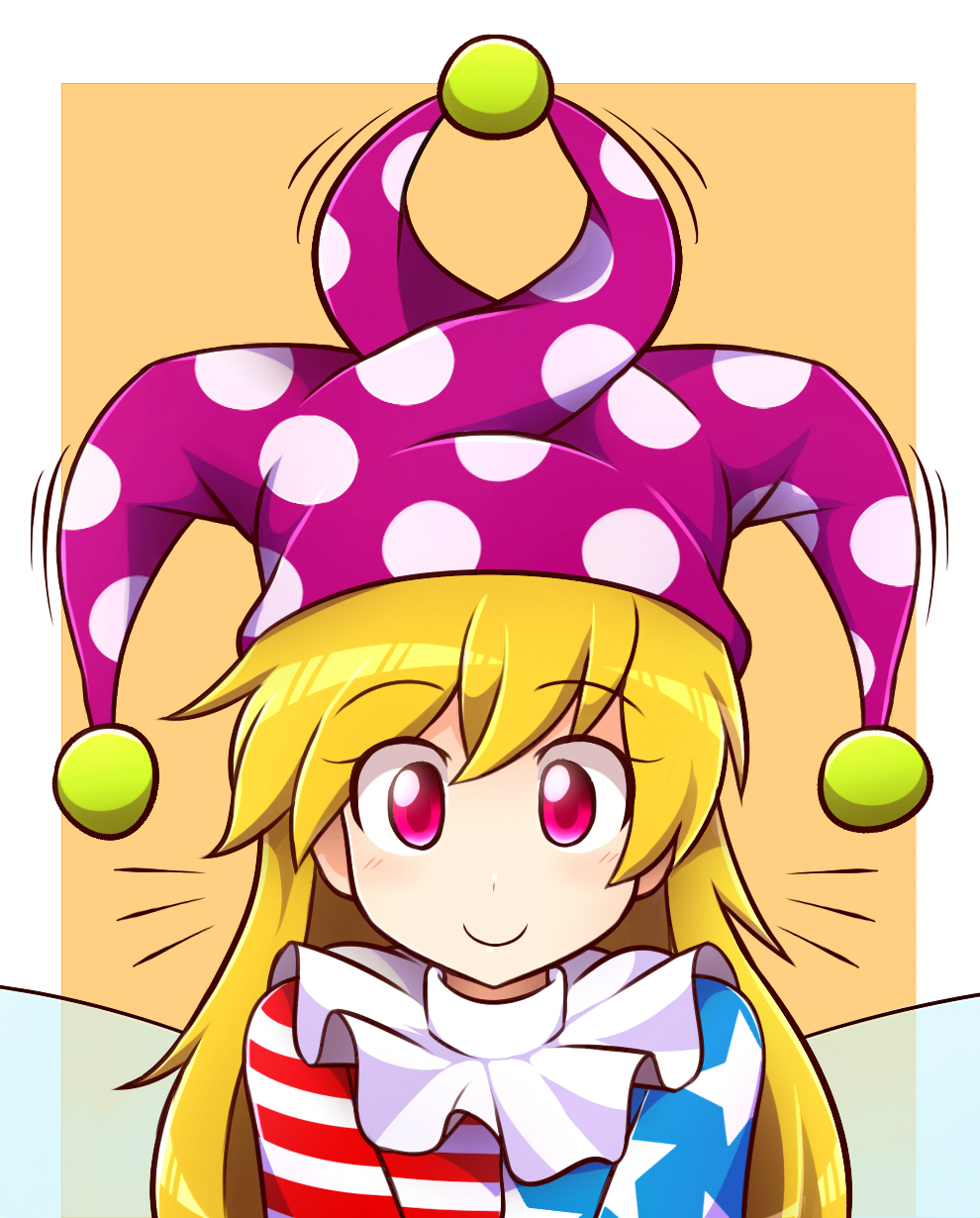 1girl, blonde_hair, blush, clownpiece, fairy_wings, hat, highres, jester_cap