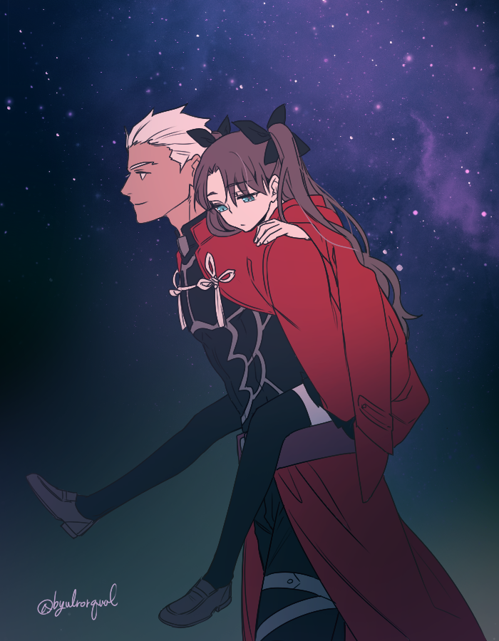 1boy, 1girl, archer, blue_eyes, brown_hair, byulrorqual, fate/stay_night, fate_(series)