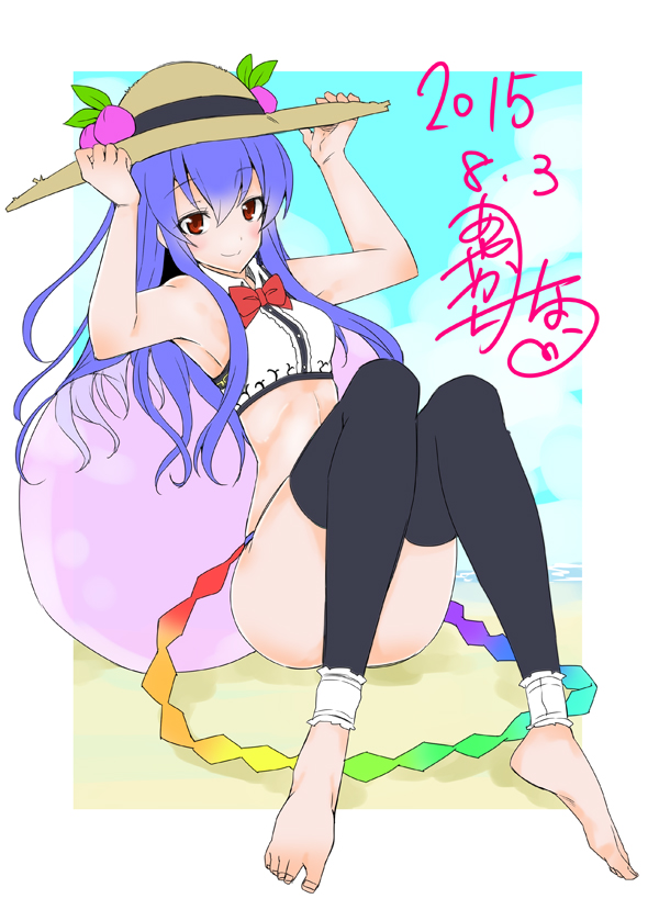 1girl, ayakase_riberi, barefoot, beach, black_legwear, blue_hair, food, fruit