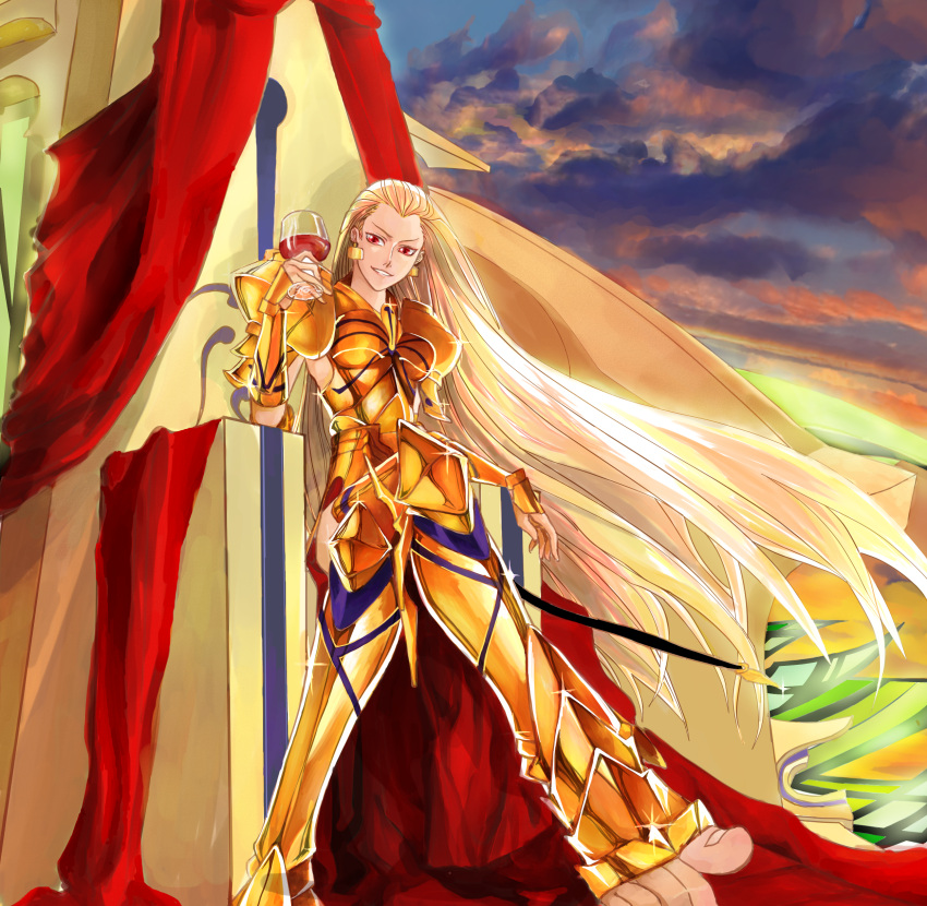 1girl, absurdres, armor, blonde_hair, cup, earrings, fate/stay_night, fate_(series)