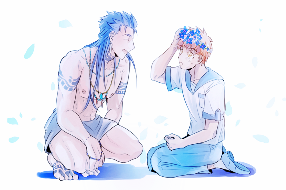 2boys, blue_hair, emiya_shirou, fate/stay_night, fate_(series), flower, hair_down, head_wreath