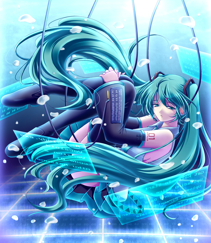 aqua_eyes, aqua_hair, detached_sleeves, hatsune_miku, headphones, leg_hug, long_hair, meso_(gjmeso)