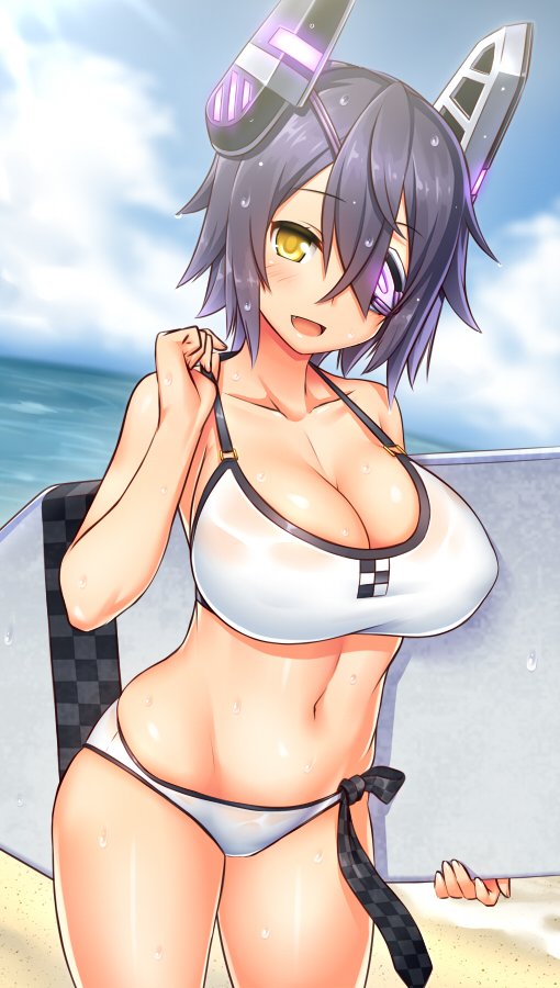 1girl, beach, bikini, blush, bodyboard, breasts, checkered_necktie, cleavage