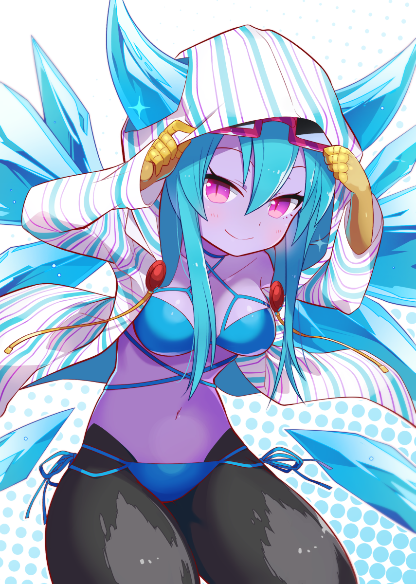 1girl, akemaru, blue_hair, breasts, demon_girl, hellice_frost_demon_(p&amp;d), highres, hoodie