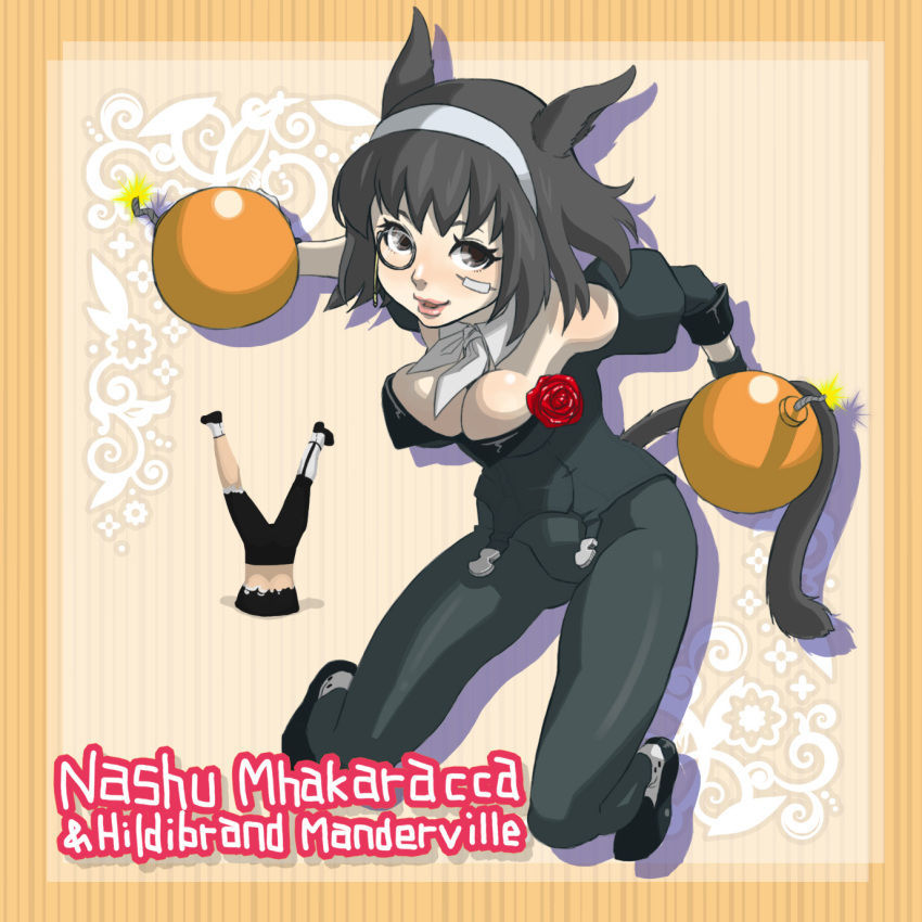 1boy, 1girl, animal_ears, black_hair, black_legwear, bomb, bowtie, breasts