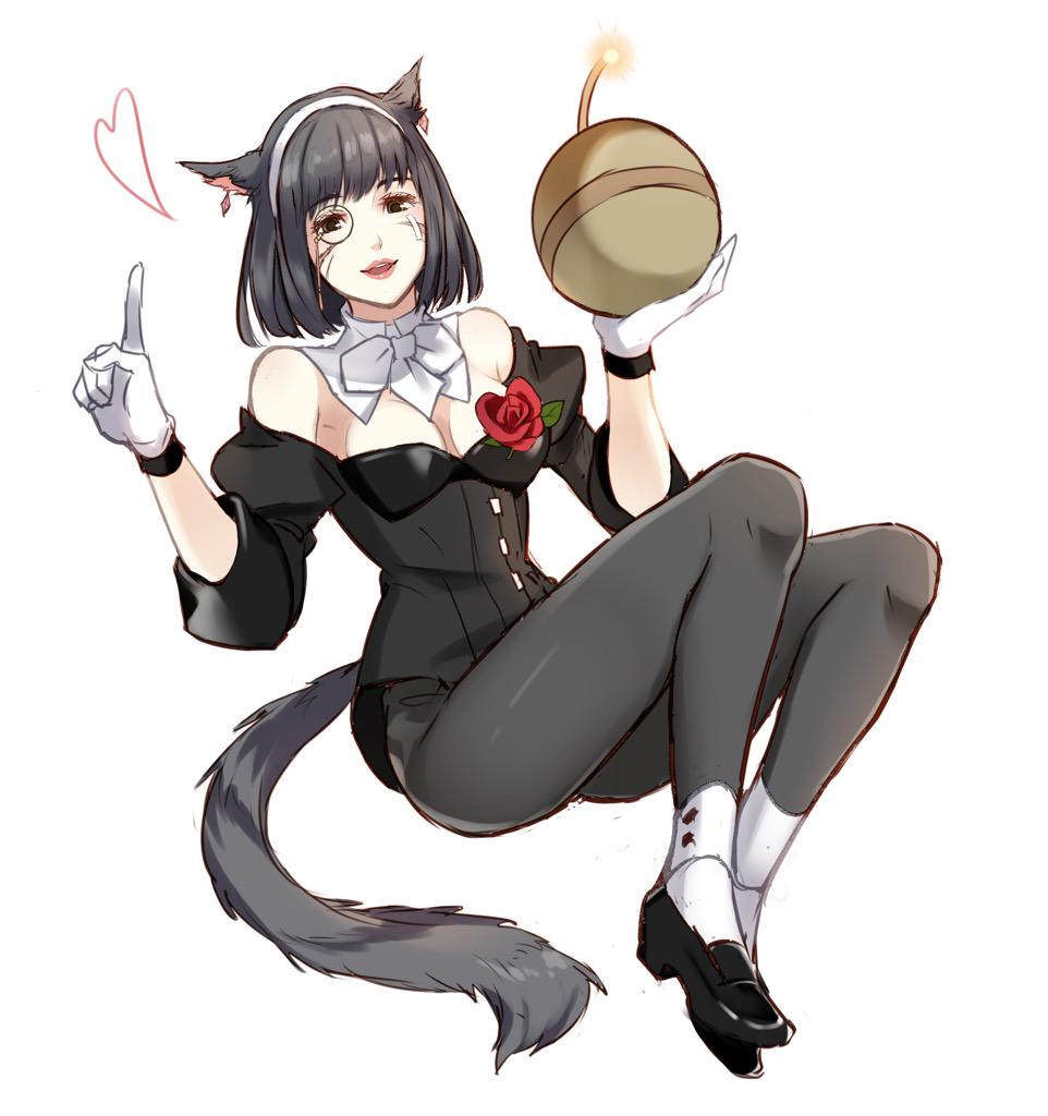 1girl, :d, animal_ears, artist_request, black_eyes, black_hair, bomb, bowtie, breasts, cat_ears, cat_tail, cleavage, detached_collar, earrings, facial_mark, final_fantasy, final_fantasy_xiv, flower, gloves, grey_legwear, jewelry, leaf, lips, miqo'te, monocle, nashu_mhakaracca, npc, open_mouth, pantyhose, red_rose, rose, short_hair, simple_background, smile, solo, tail, white_background, white_gloves