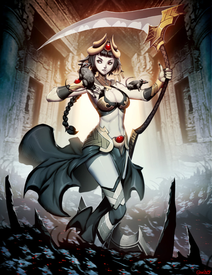 1girl, black_hair, black_nails, braid, breasts, cleavage, commentary, full_body, genzoman, goddess, mythology, nail_polish, navel, ninkilim, pale_skin, rat, red_eyes, scythe, side_slit, signature, single_braid, solo, sumerian_mythology, vambraces