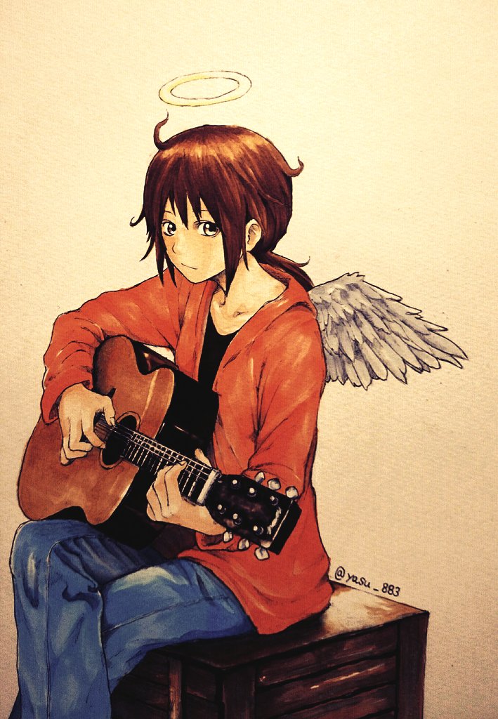 1girl, acoustic_guitar, angel_wings, box, brown_eyes, brown_hair, crossed_legs, denim