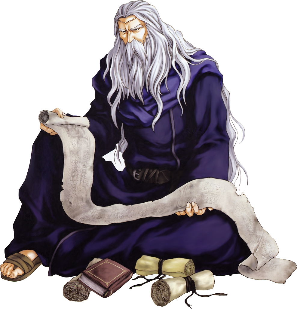 1boy, athos_(fire_emblem), beard, facial_hair, fire_emblem, fire_emblem:_rekka_no_ken, kaneda_eiji, long_hair, male_focus, official_art, parchment, sandals, simple_background, sitting, solo, white_background, white_hair