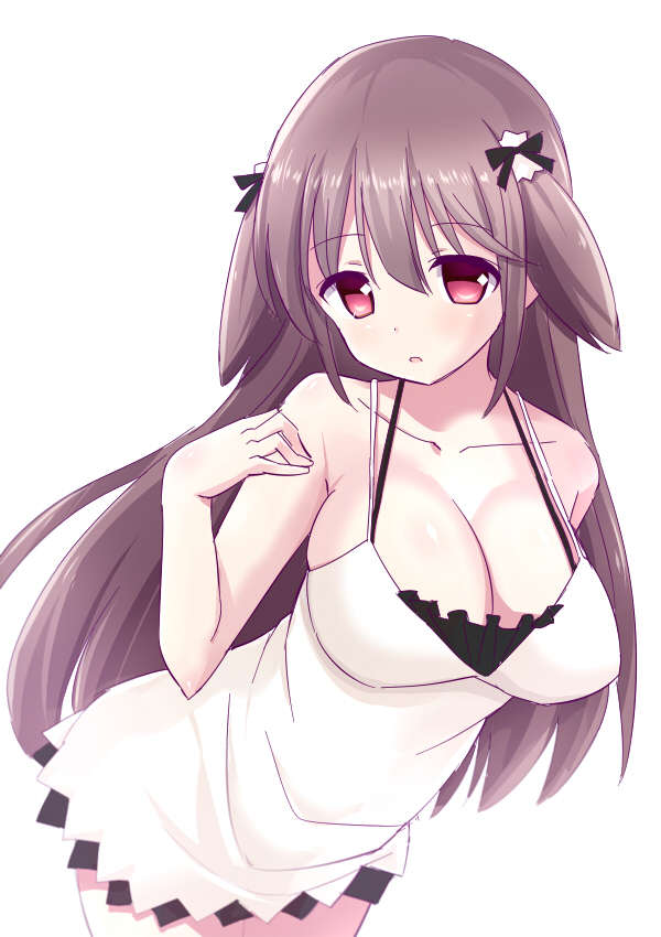 1girl, breasts, brown_hair, cleavage, hair_ornament, large_breasts, long_hair, maya_yukiko