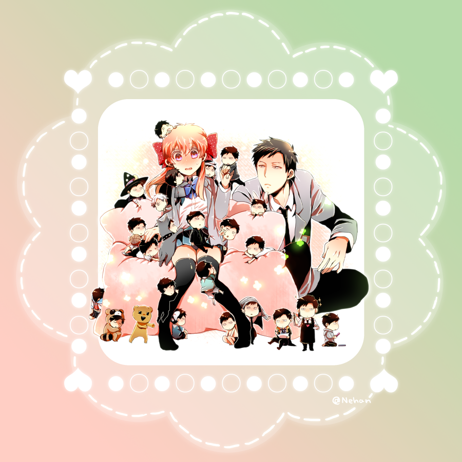 1girl, 6+boys, animal_costume, animal_ears, apron, black_hair, black_legwear, blazer