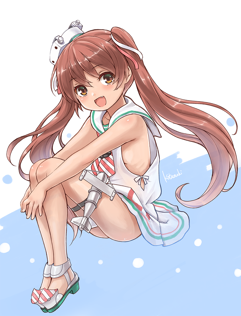 1girl, :d, artist_name, bare_shoulders, breasts, brown_eyes, brown_hair, fang, hair_ribbon, kantai_collection, kotanuki_329, libeccio_(kantai_collection), open_mouth, ribbon, sailor_collar, sailor_dress, sideboob, sleeveless, smile, solo, twintails