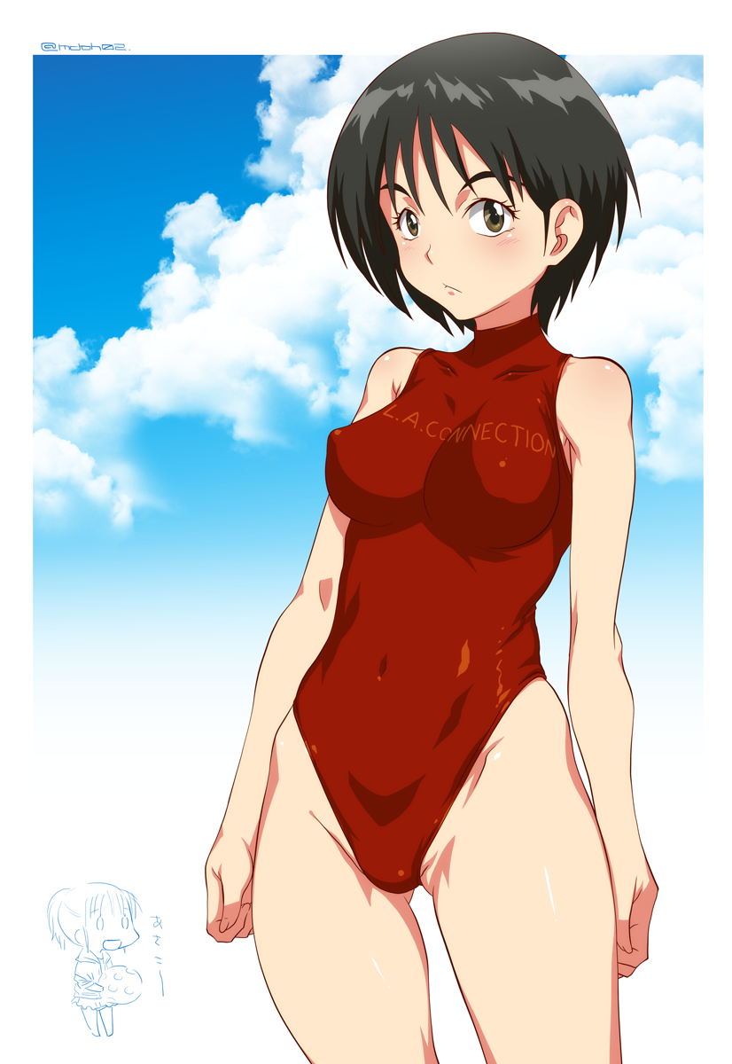 1girl, black_hair, brown_eyes, highleg, highleg_swimsuit, highres, hips, mudou_eichi