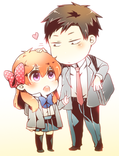 1boy, 1girl, bag, black_hair, black_legwear, blazer, bow, brown_eyes