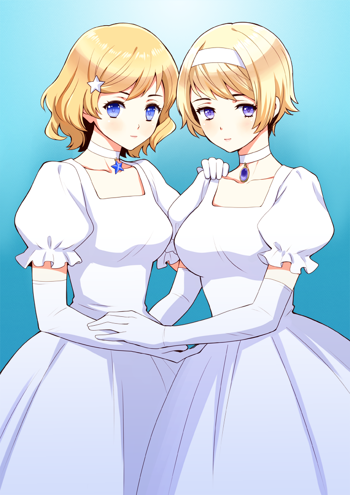 2girls, blonde_hair, blue_eyes, blush, choker, dress, elbow_gloves, gloves