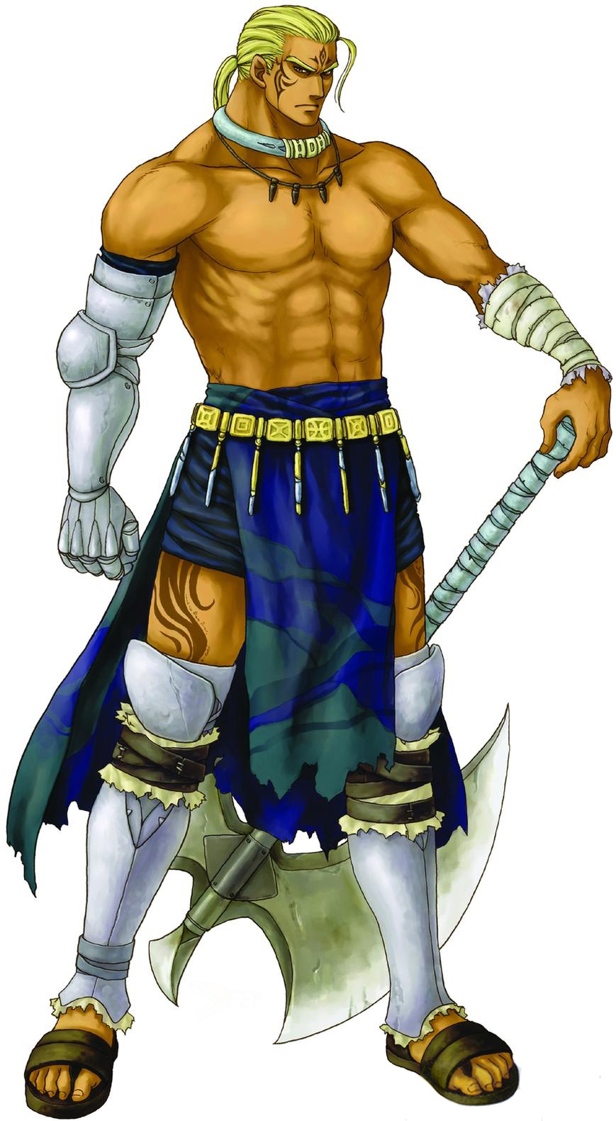 1boy, abs, axe, blonde_hair, dark_skin, fire_emblem, fire_emblem:_rekka_no_ken, gauntlets