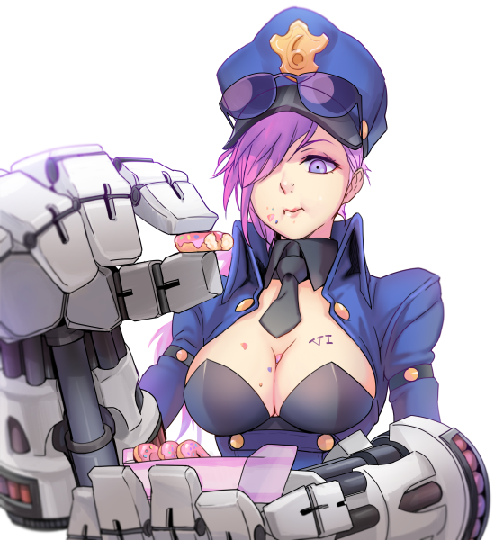 amado_(shin), breasts, crumbs, doughnut, eating, food, gauntlets, hair_over_one_eye