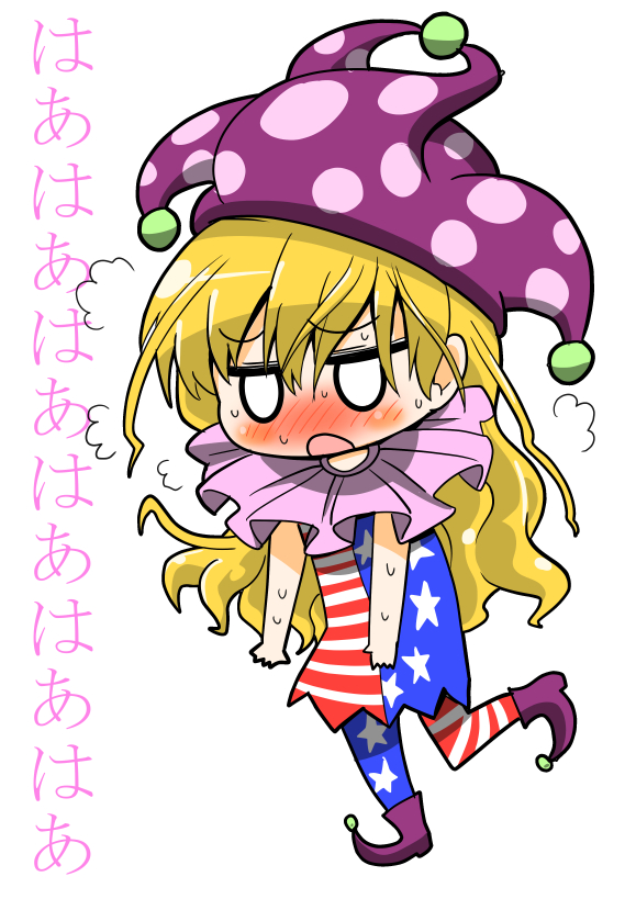 1girl, american_flag, bangs, blonde_hair, blue_legwear, blush, chibi, clownpiece