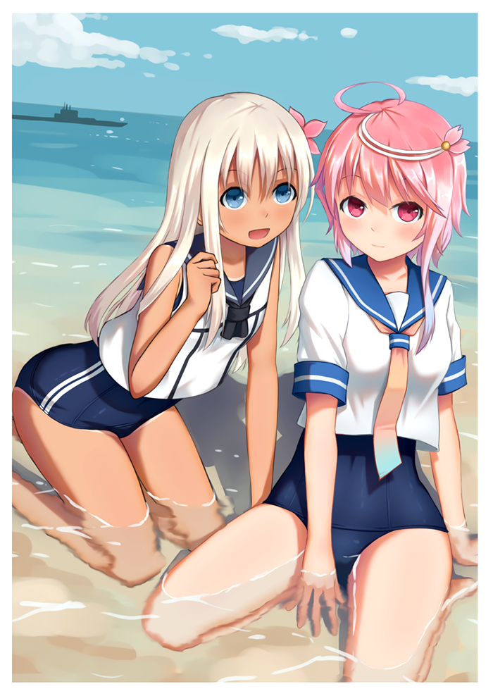 1girl, 2girls, blonde_hair, blue_eyes, crop_top, flower, hair_flower, hair_ornament
