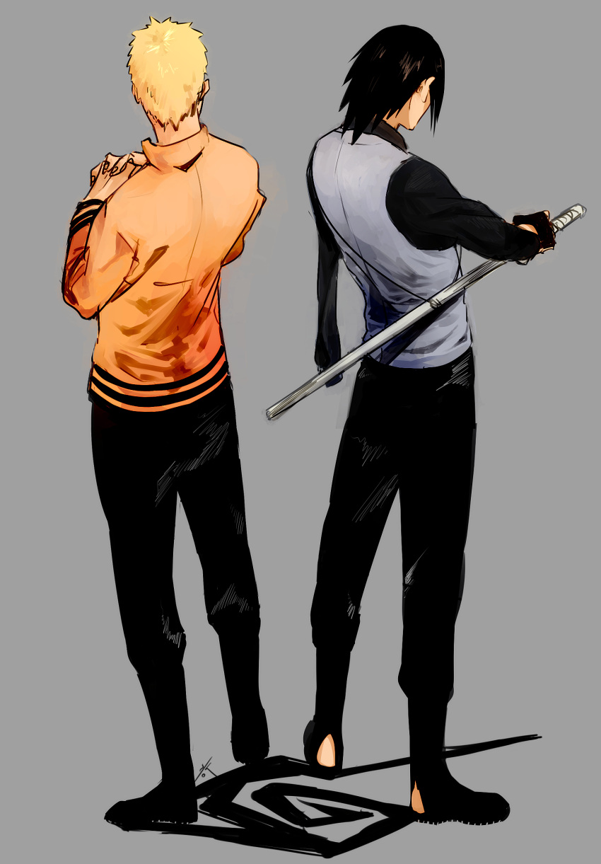 2boys, amputee, black_hair, blonde_hair, fingerless_gloves, gloves, highres, multiple_boys