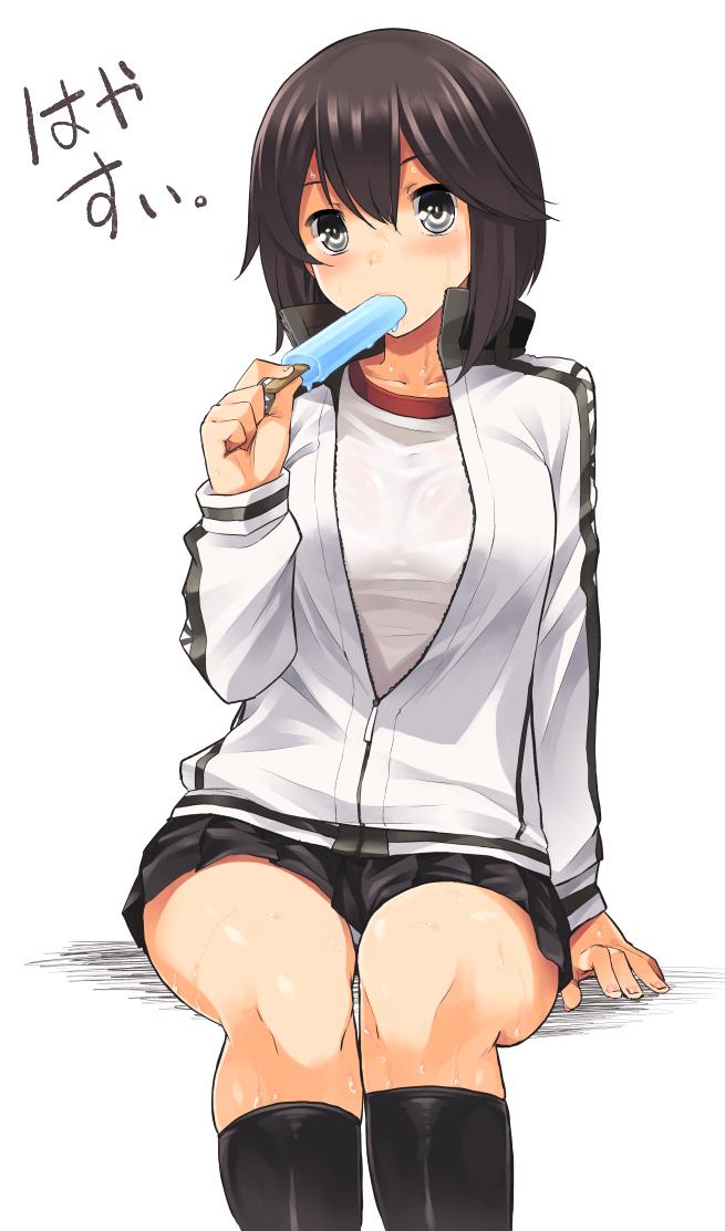 1girl, aaru_(tenrake_chaya), black_hair, black_skirt, grey_eyes, gym_shirt, hayasui_(kantai_collection), kantai_collection